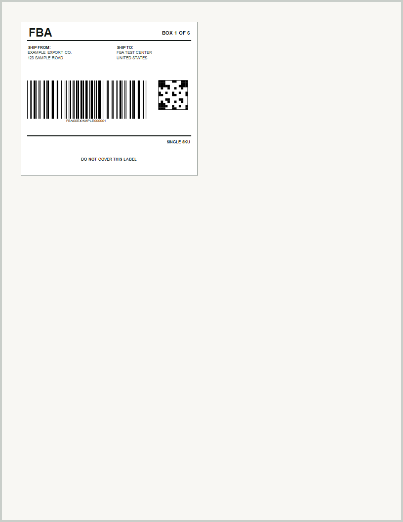 US Letter 页面左上位置只有 1 张 FBA 标签、其余位置留空的脱敏示意图